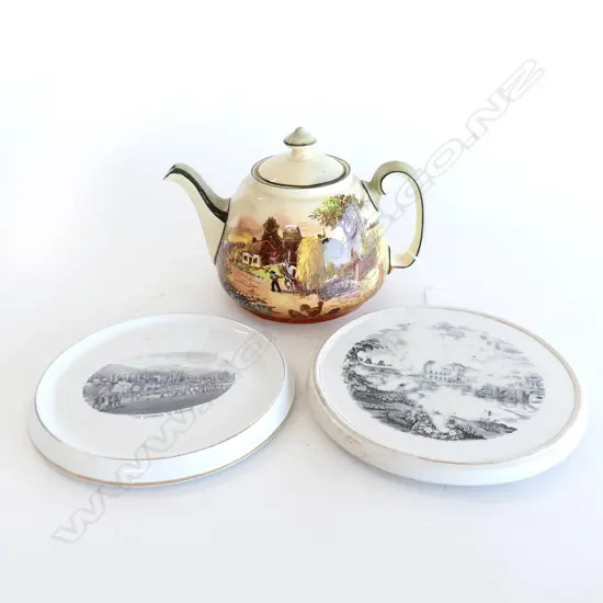 ROYAL DOULTON 'RUSTIC ENGLAND' TEAPOT & 2 TRIVETTS, GRIMWADES 'THE DOMAIN TE AROHA' & BALEEK 