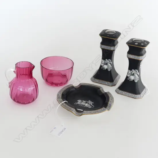 CRANBERRY GLASS CREAM & SUGAR  PR OF CHINA HATPIN HOLDERS & MATCHING ASHTRAY 