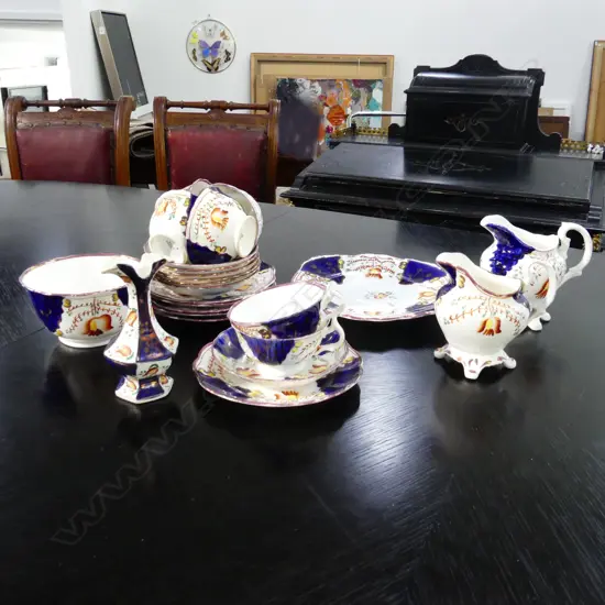 ALLERTONS ENGLISH STAFFORDSHIRE 'GAUDY WELSH' TEASET c.1900, 23 PCS (some staining inside cups & repair to vase)