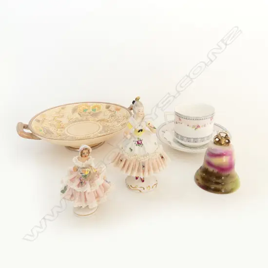 DOULTON CUP & SAUCER + BAYREUTH BELL + INDIAN TREE DISH + 2 DRESDEN LADIES crinoline dresses