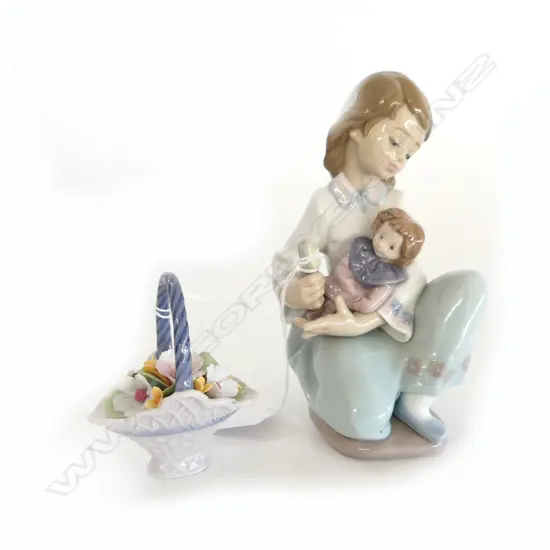 LLADRO #5990 'THOUGHFUL CARESS' H.140mm + #7580 'A BASKET OF BLOSSOM' H.75mm both w. box