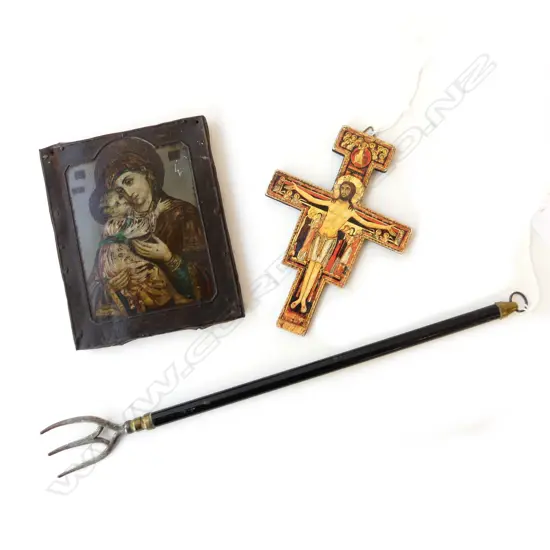 3 ITEMS, RUSSIAN RELIGIOUS ICON PRINTED ON METAL 135x115mm, CRUCIFIX & LONG FORK L.320mm