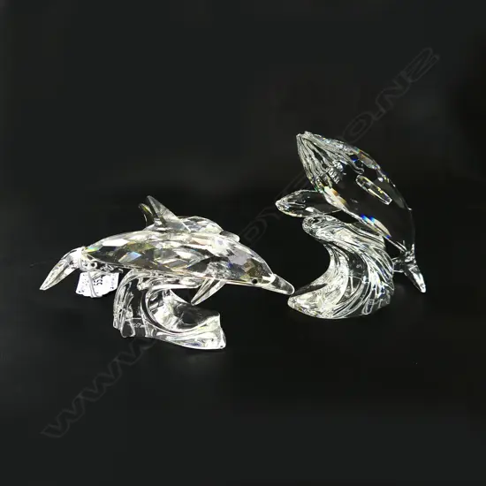 SWAROVSKI; 1992 'CARE FOR ME' THE WHALES + 1990 'LEAD ME' THE DOLPHINS L.120mm, BOXED