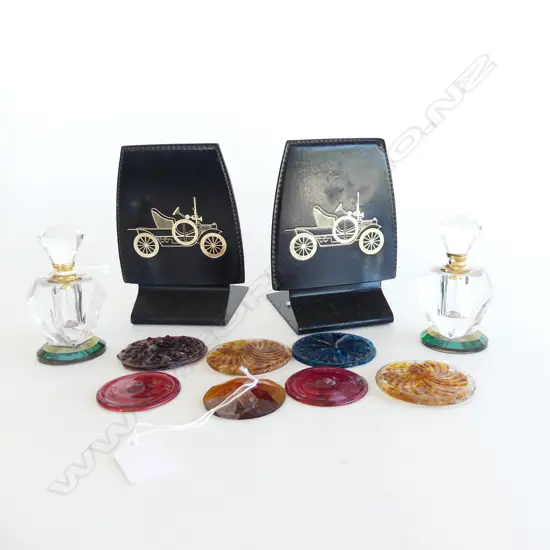 PR VINTAGE BOOKENDS LEATHER w CAR DESIGN (marked), PR CUT GLASS SCENT BOTTLES & 8 VIC KALEIDOSCOPE GLASS