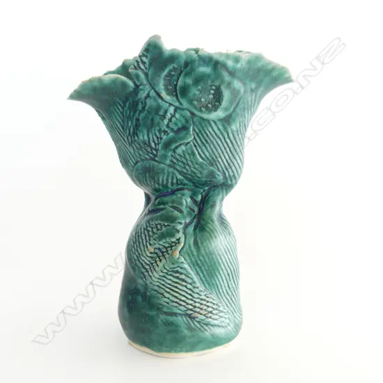 ROSEMARY BRITTAIN SML GREEN WAISTED VASE, IMPRESSED NIKAU DESIGN. H.140mm (damage to rim)