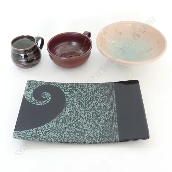 LRG CERAMIC PLATE w KORU DESIGN, signed, PINK GLAZED BOWL, POTTERY SOUP BOWL & SUE NEWITT COFFEE MUG