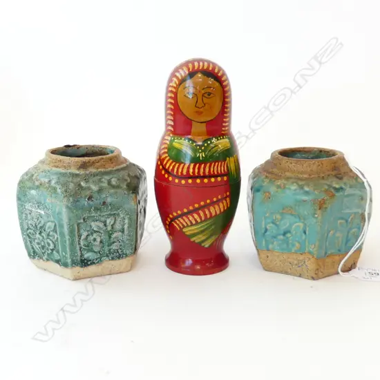 2 GREEN GLAZED GINGER JARS H.90mm + MATRYOSHKA DOLL H.165mm