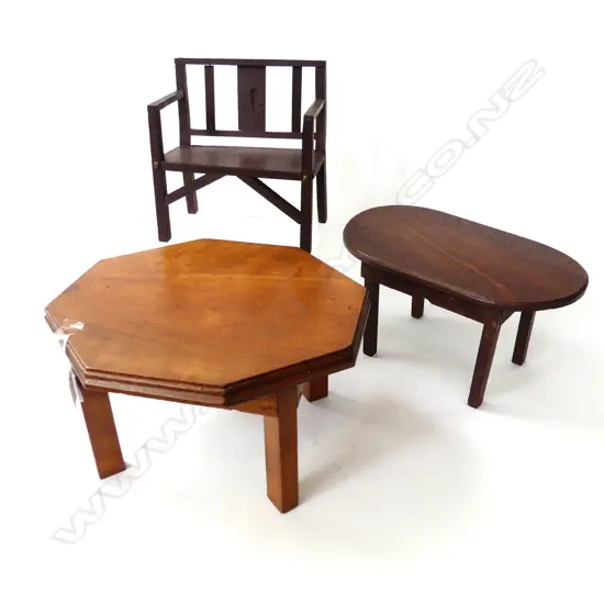 1920’S THREE APPRENTICE FURNITURE ITEMS EX DUNEDIN – OCTAGONAL TABLE, OVAL TABLE, & SETTEE, L.190MM-290mm
