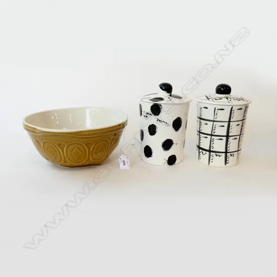 MASON CASH STYLE MIXING BOWL 260mm dia + 2 B/W LIDDED CONTAINERS - RECKLESS FOR HEALS '93 H.195mm 