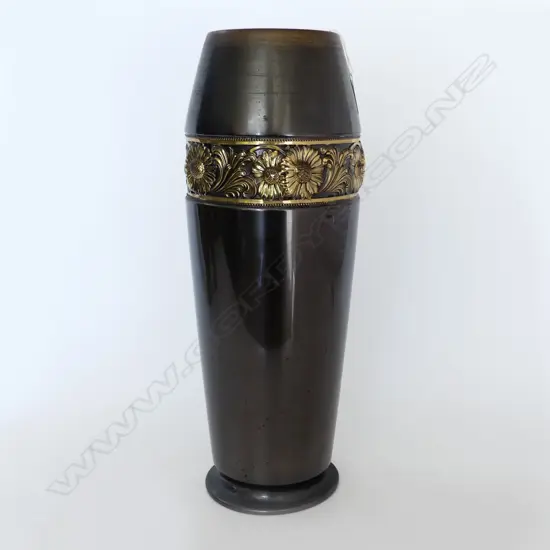 LRG SPUN BRASS WMF VASE WITH FLORAL BAND DECORATION, 1909-1920.