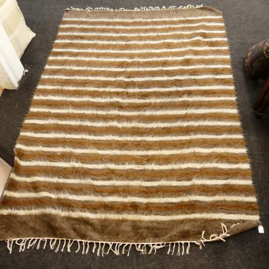 LG VINTAGE TURKISH STRIPED RUG; BROWN MOHAIR ON COTTON 1950x1400mm