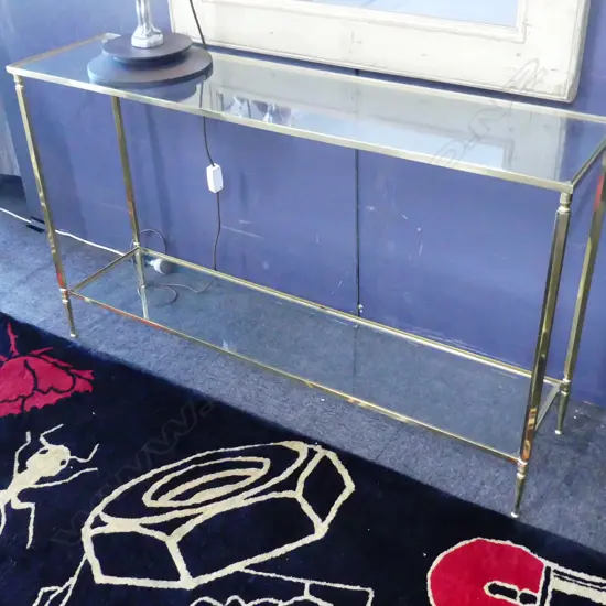 HOLLYWOOD REGENCY STYLE BRASS & GLASS HALL TABLE 1205x300x705mm