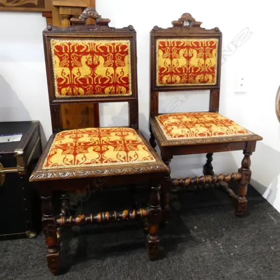 PR EARLY 20thC OAK BARLEY TWIST DINING CHAIRS w. RED & GOLD UPHOLSERY