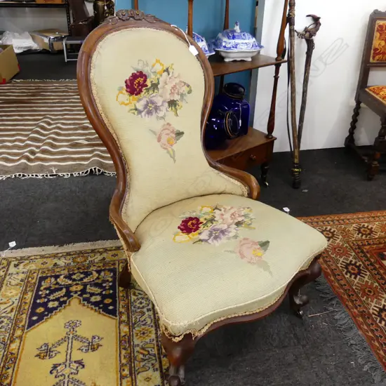 VICTORIAN GRANDMOTHER CHAIR - NEEDLEWORK UPHOLSTERY