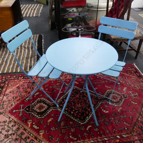 3 PCE BLUE METAL PATIO SET; TABLE 600mm dia & PR FOLDING CHAIRS