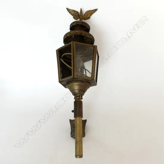 BRASS CARRIAGE LAMP CONVERTED TO ELECTRICITY,WITH WALL MOUNT H 700 MM ONE GLASS PANEL MISSING