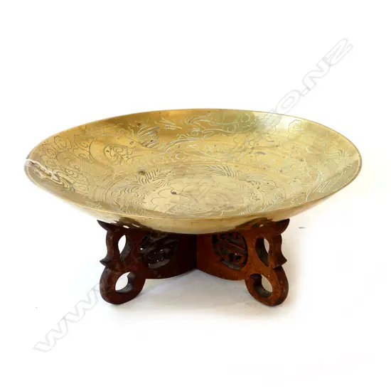 LG ORIENTAL BRASS BOWL ON WOODEN STAND 360mm dia