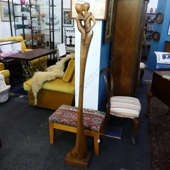TALL CARVED WOODEN STATUE - FIGURES EMBRACING H1560MM