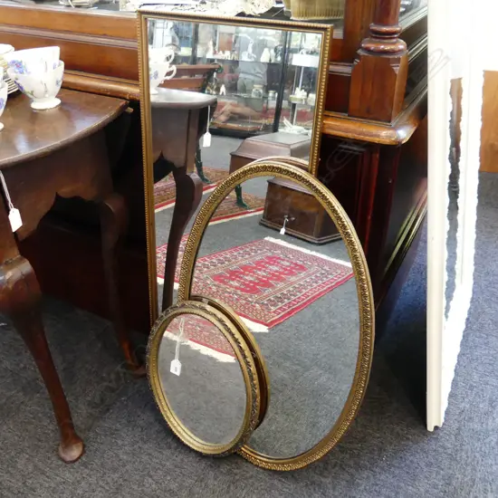 3 GILT FRAMED MIRRORS; 2 OVAL 435x710mm + RECTANGULAR 920x365mm