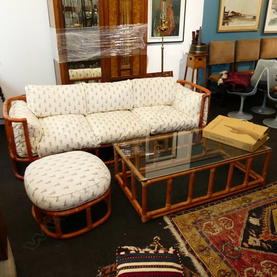 3PCE CANE FRAMED FURNITURE SET; SOFA W.2300mm, FOOTSTOOL, GLASS TOPPED COFFEE TABLE