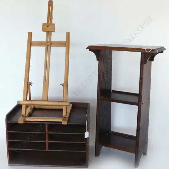 3 WOODEN PCES; EASEL, LETTER RACK W.470mm, OAK STAND H.690mm