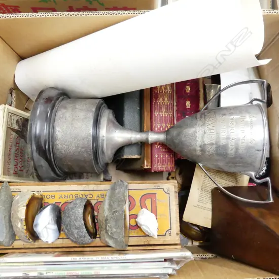 BOX LOT LG EP TROPHY, ANTIQUE BOOKS, METRONOME, POLISHED STONES ETC 