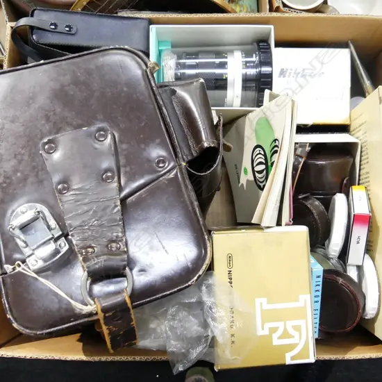 BOX ASST CAMERA GEAR; LENSES, ACCESSORIES, CASES GRIPS ETC