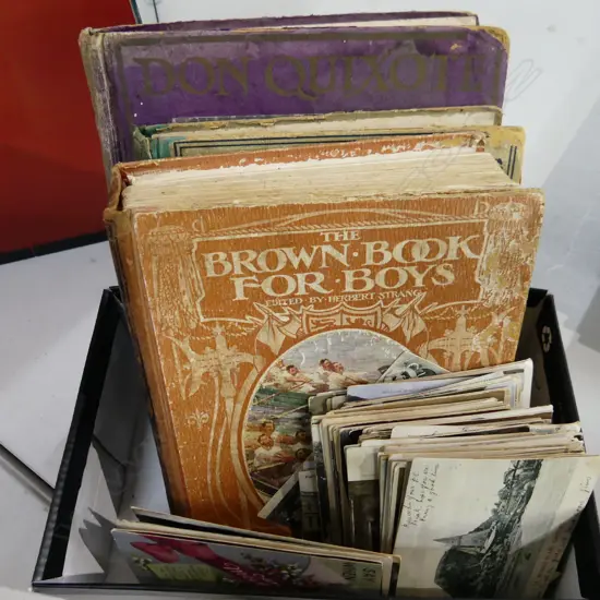 BOX 3 ANTIQUE BOOKS + ASST. POSTCARDS