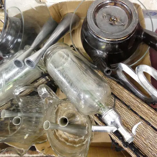 BOX LOT SODA SYPHON, SILVER METAL CANDLESTICKS, MIRROR ETC