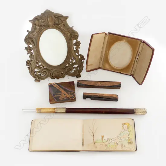 BOX – LEATHER STICK, CAST IRON FRAME, LEATHER PHOTO FRAME, AUTOGRAPH BOOK, PRINTERS BLOCKS