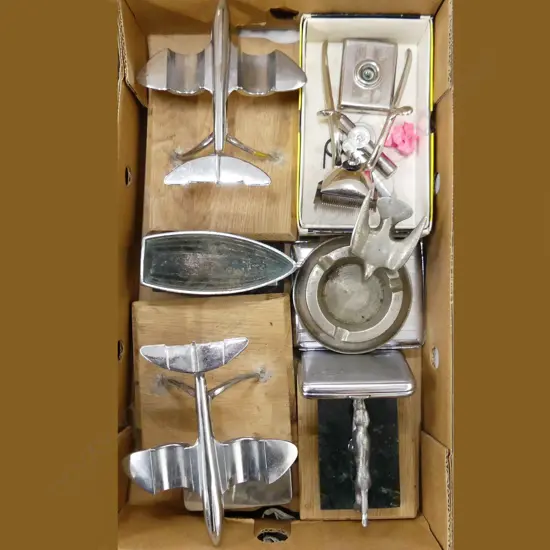 BOX LOT ASST. VINTAGE DESK ITEMS; ASHTRAY, PR PLANES ETC