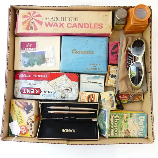 BOX LOT ASST. VINTAGE BITS: PENS, MATCHBOXES, ETC