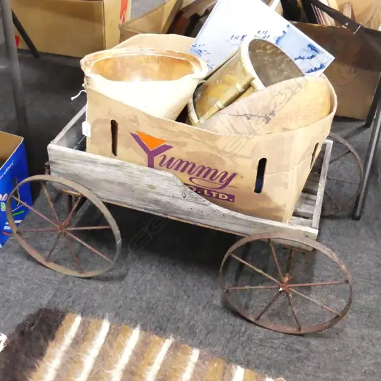RUSTIC CART + BOX ASST.; BRASS JARDINERE, WOODEN BOWLS, WASTE TRAP ETC