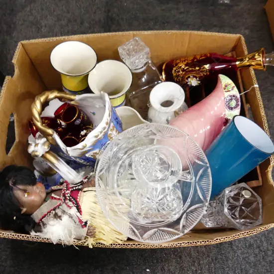 BOX LOT ASST. CERAMICS, VASES, CRYSTAL ETC