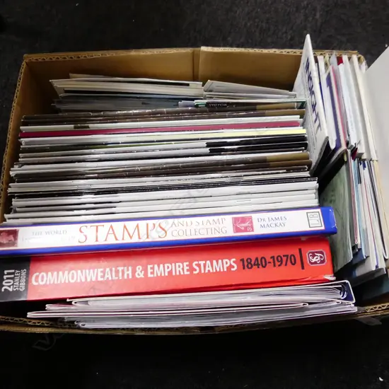 BOX STAMP AUCTION CATALOGUES, BOOKS, POSTCARDS ETC