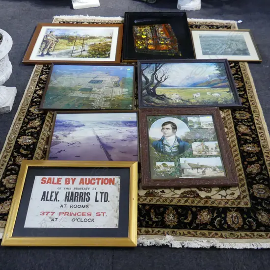 BOX LOT ASST. LG ARTWORKS; ROBERT BURNS LITHOGRAPH, AERIAL PHOTOS ETC