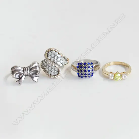 4 ASST COSTUME JEWELLERY DRESS RINGS, SOME 925 SILVER OR PLATED SILVER