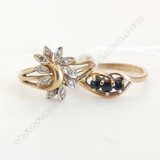 2 9CT SAPPHIRE/DIAMOND RINGS 3.6 GRAMS SIZE N 1/2 NOTE 1 SMALL DIAMOND MISSING