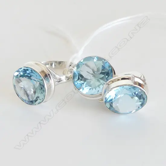3 PC SET; BLUE TOPAZ & 925 SILVER SET RING & EARRINGS RING SIZE P