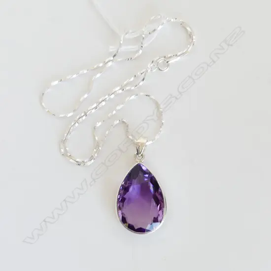 925 SILVER SET LG TEAR DROP AMETHYST PENDANT & CHAIN