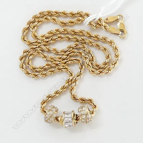 9ct GOLD NECKLACE L.510mm (5.2gm) + 3 9ct CZ BEADS 3.1gm & 2 SPACERS