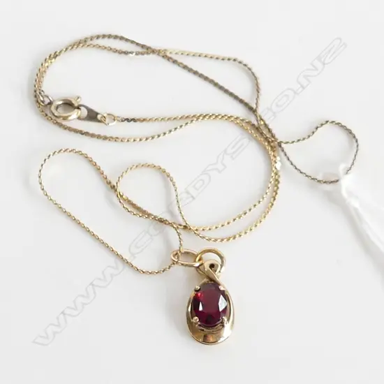 9CT GOLD & GARNET PENDANT ON CHAIN chain  gold  plated 45CM