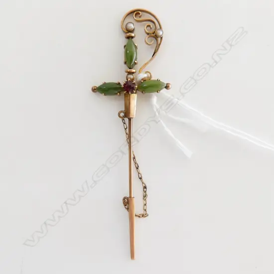 9ct GOLD & GREENSTONE SWORD BROOCH w seed pearls & garnet 3.97gms