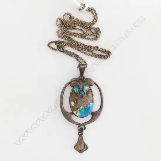 CHARLES HORNER ART NOUVEAU SILVER & ENAMEL PENDANT ON CHAIN w drop. Enamel faulted Chester 1907