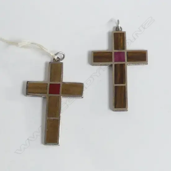 2 x RUSSELL MURPHY SILVER & LIGNUM VITAE & RHODENITE CROSS PENDANTS