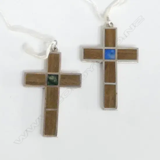 2 x RUSSELL MURPHY SILVER & LIGNUM VITAE & LAPIS CROSS PENDANTS