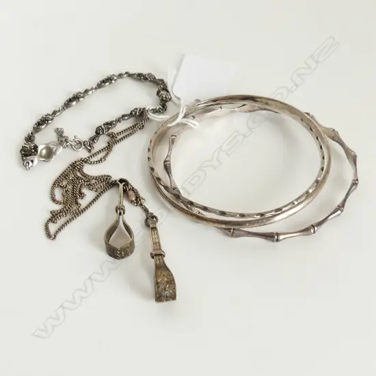 VINTAGE SILVER: MARCASITE BRACELET + SCARF CLIP CHAIN + 3 BANGLES 50gms