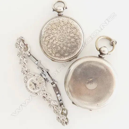 2 SILVER POCKET WATCHES + STG & MARCASITE WRIST WATCH (WORKING)