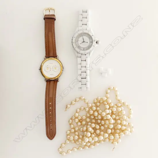LONG PEARL NECKLACE /SATOIR no clasp + 2 GENT'S DRESS WATCHES 1 BRANDED CHANEL maybe copy?