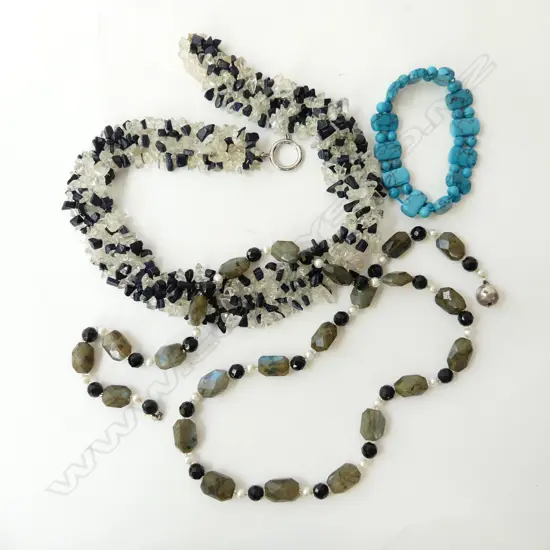 2 GEMSTONE NECKLACES + FAUX TURQUOISE BRACELET